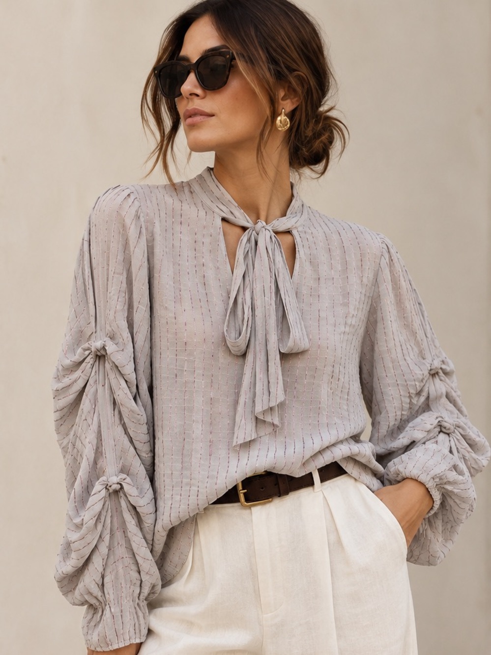 JAC Jacqueline Conoir Mulberry Silk Tie Neck Balloon Sleeve Blouse